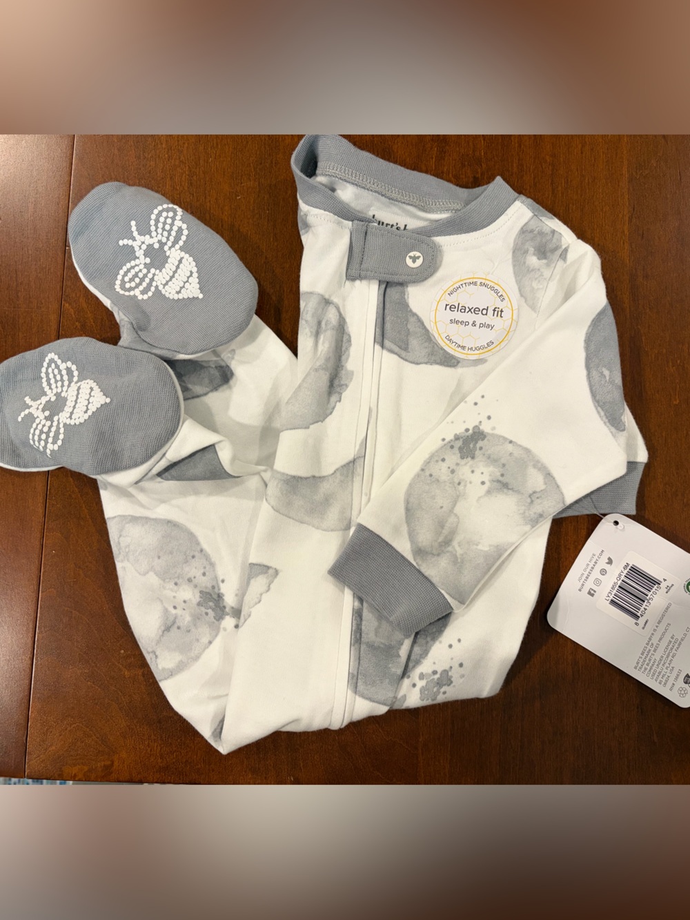 Burt's Bees Baby Gray and White Moon Print One-Piece Footed Pajamas